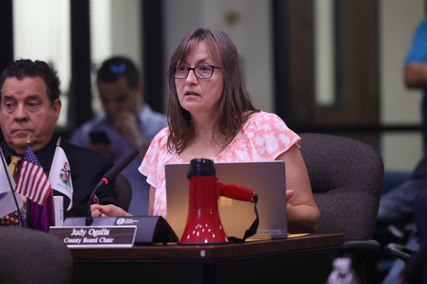 Will County board member Judie Ogalla speaks at the Will County board meeting on Thursday, Aug. 17, 2023 in Joliet.