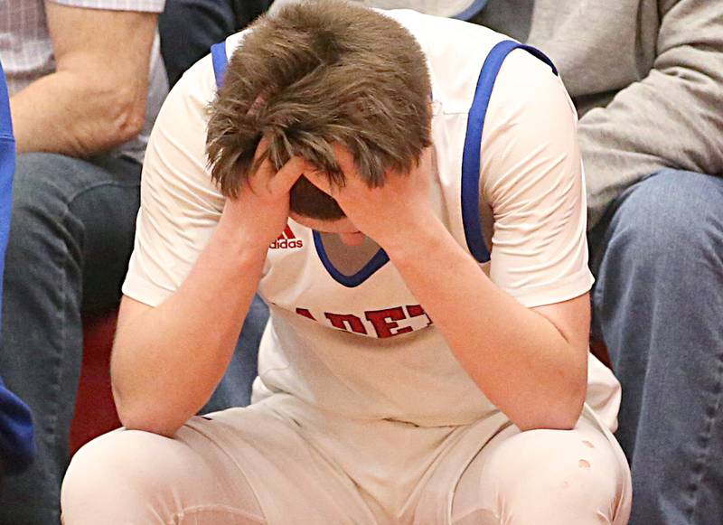 Marmion's Collin Wainscott reacts after loosing to Metamora during the Class 3A Super-Sectional on Monday, March 6, 2023 at Ottawa High School.