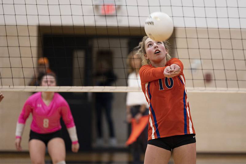 Eastland’s Jenica Stoner passes the ball over the net in game one Wednesday, Oct. 26, 2022 in the semifinal volleyball match against Newman.