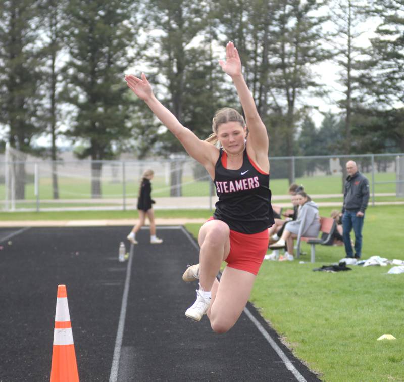 Fulton's Miraya Pessman flies in the air as she competes in the long jump at the Landers-Loomis Invitational track meet on Friday, April 25, 2025 held at Oregon High School. She finished second in the event.