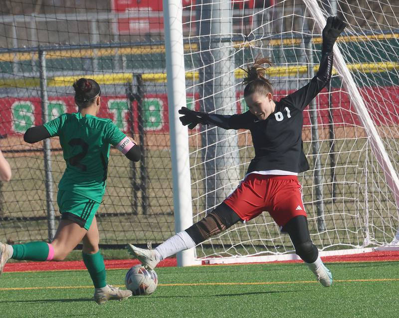 Streator keeper Leia Gammie misses a stop on the ball as L-P's Vicky Tajada scores a goal on Friday, March 27, 2026 at the L-P athletic complex in La Salle.
