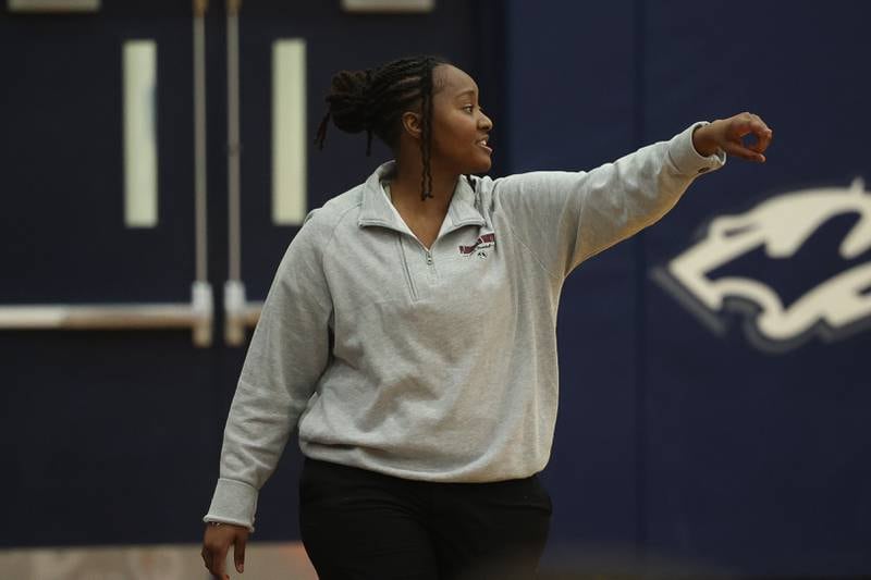 Plainfield North head coach Brittany McWaine calls out to her players during the game against Plainfield South on Thursday, Jan 9, 2025.