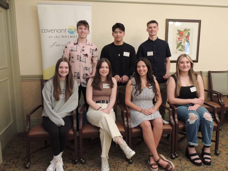 Student employees from Covenant Living at the Holmstad were recently awarded
scholarships from the senior living community. Pictured are: (Front row L to R) Adele St. Onge, Meredith
Peterson, Julia Gato, and Olivia Dowd. (Back row L to R) Matthew Rempert, Nathan Sieng, and Kyle Galis.
Not pictured, Audrey Smith.