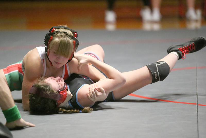 L-P's Emily Lowery pins Ottawa's Evy Grady on Thursday, Jan. 9, 2025 in Sellett Gymnasium at L-P High School.