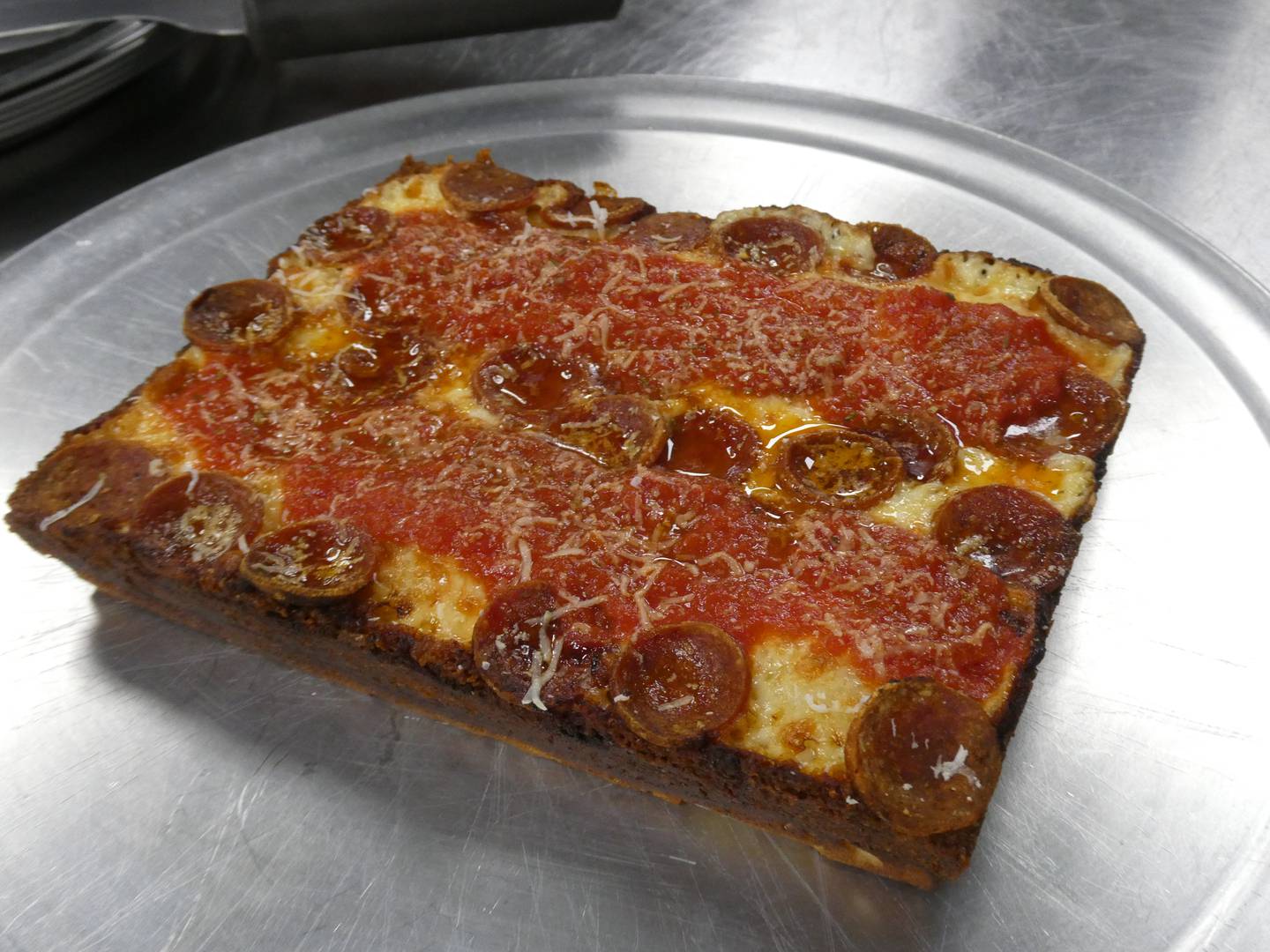 An example of the Detroit-style pepperoni pizza served at Pizza Pushers, a new restaurant in Algonquin specializing in the Motor City favorite.