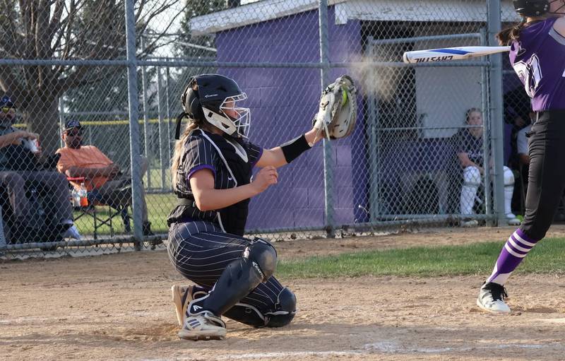 Rochelle's Phelisity Lopez catches a pitch during Monday's game with Rockford Lutheran.
