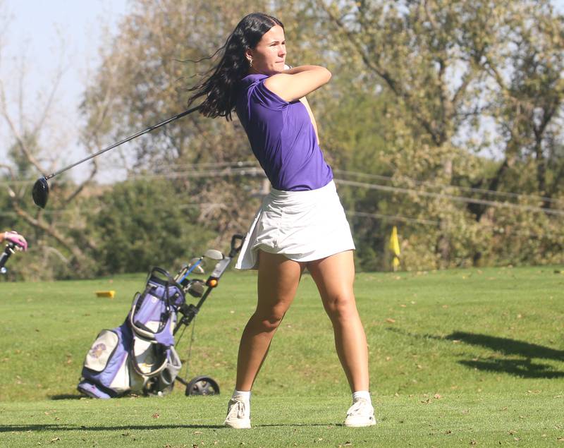 Mendota's Addyson Allensworth tees off during the Class 1A Regionals on Tuesday, Sept. 30, 2025 at Spring Creek Golf Course in Spring Valley.