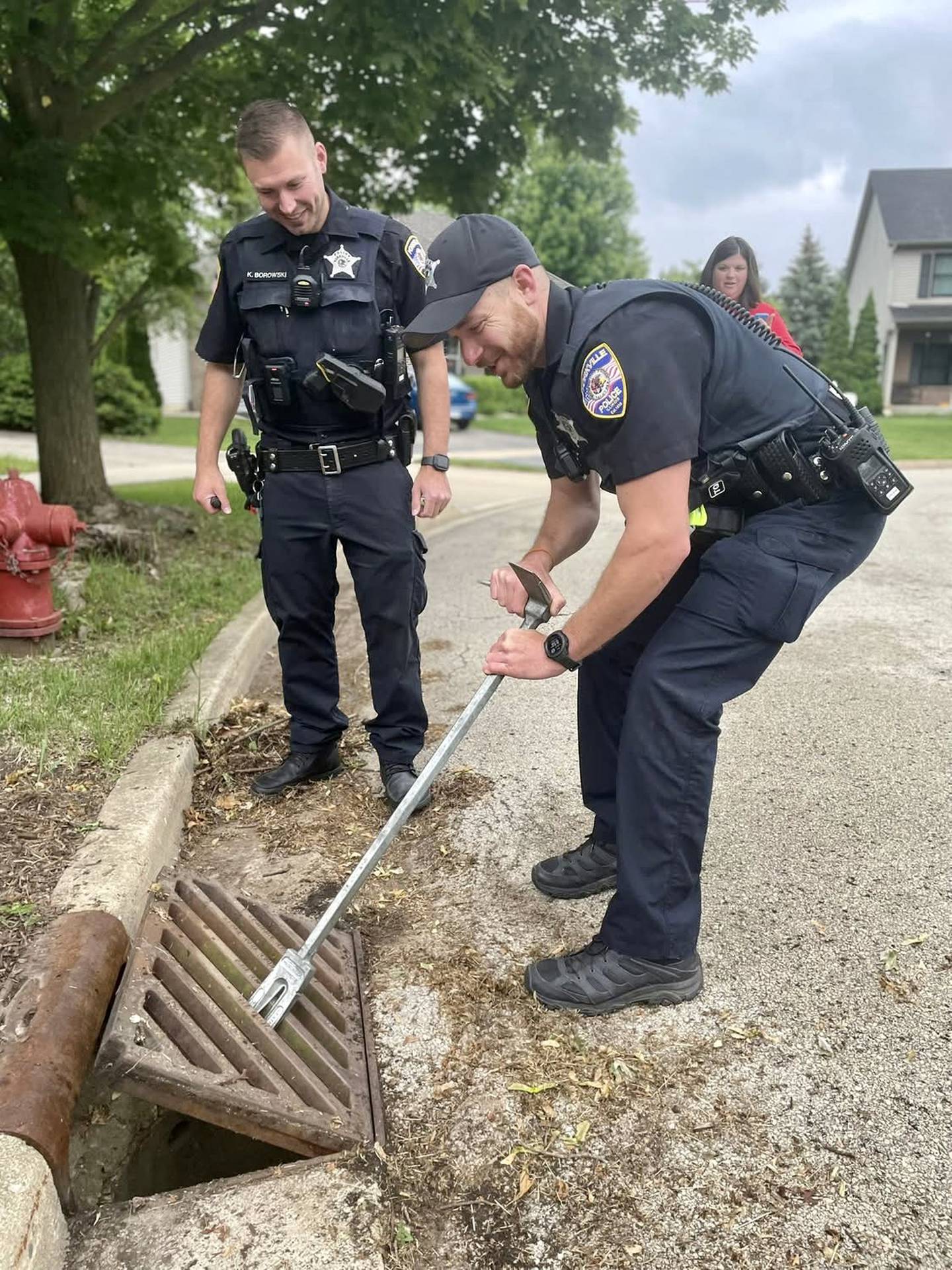 Eleven tiny ducklings fell through this storm drain in Yorkville while trailing their mother. Officers with the Yorkville Police Department were able to locate the ducklings, removing the storm drain, before conducting a rescue operation.
