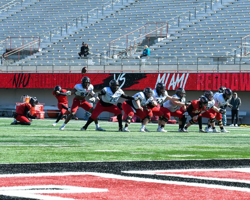 Northern Illinois University football team practices field goal attempts on Saturday April 16th at Huskie Stadium in DeKalb during a spring scrimmage.
