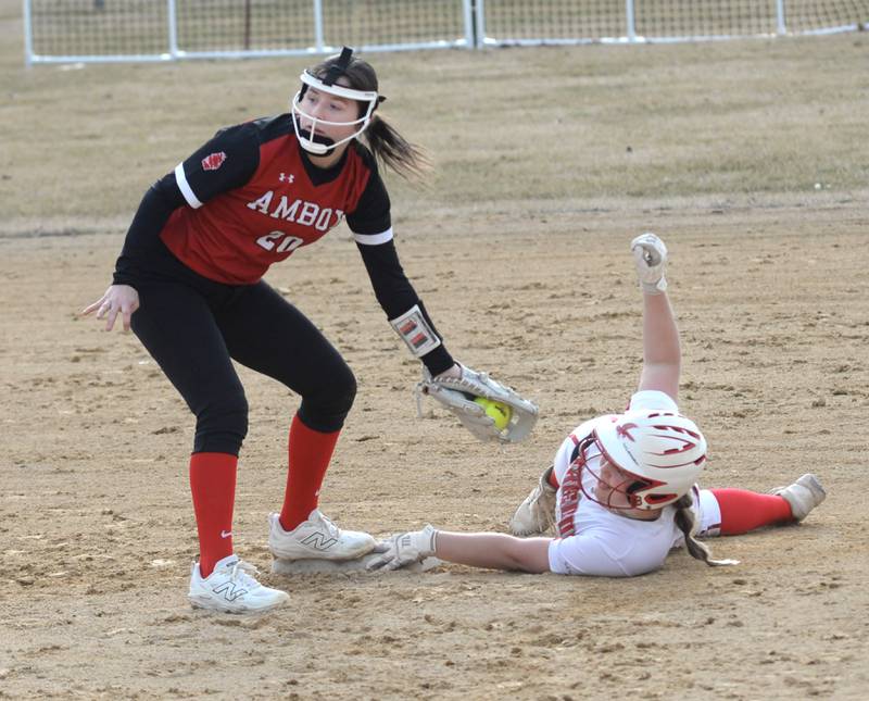 Amboy's Jaydn Welchzel looks up after tagging out Oregon's Emily Schlichtmann at second on Tuesday, March 18, 2025 at Oregon Park West.