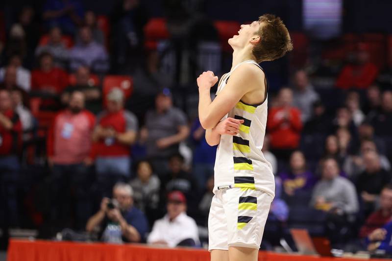 Yorkville Christian’s Jaden Schutt reacts in the final seconds in 54-41 win against Liberty in the Class 1A championship game at State Farm Center in Champaign. Friday, Mar. 11, 2022, in Champaign.
