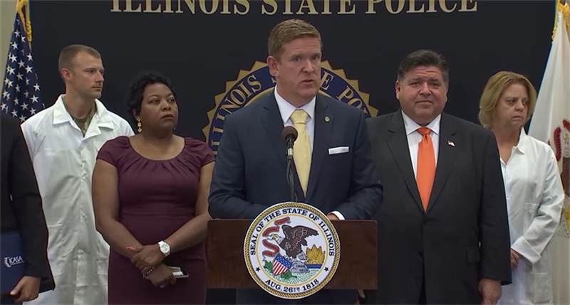 Illinois State Police Director Brendan Kelly speaks at a news conference Friday about the state's progress in processing forensic evidence. (Credit: Illinois.gov)