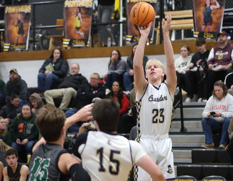 Marquette's Luke McCullough shoots a jump shot against Midland during the Tri-County Conference Tournament on Monday, Jan. 26, 2026 at Putnam County High School