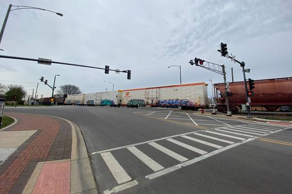 Train blocking multiple downtown DeKalb intersections, use alternate route