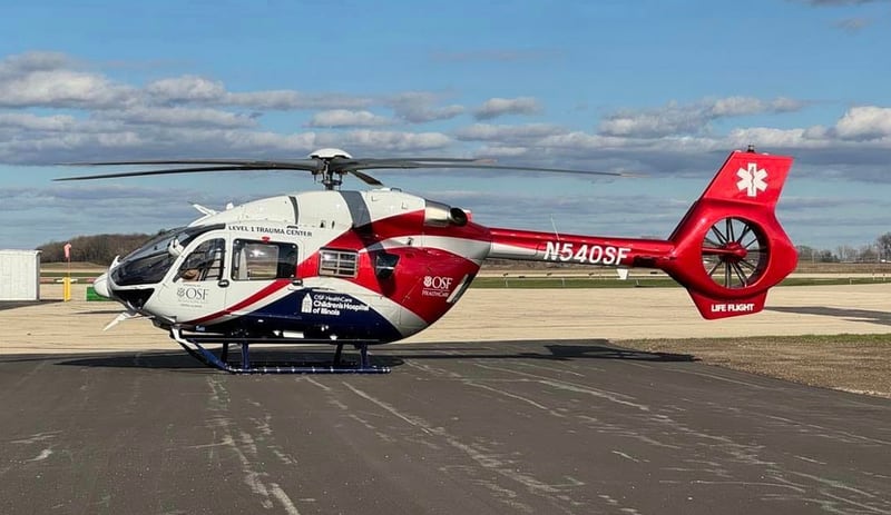 An OSF St. Anthony Airbus helicopters that, along with its crew, moved into the new hangar at the Whiteside County Airport, 10950 Hoover Road in Rock Falls, on April 6, 2024.