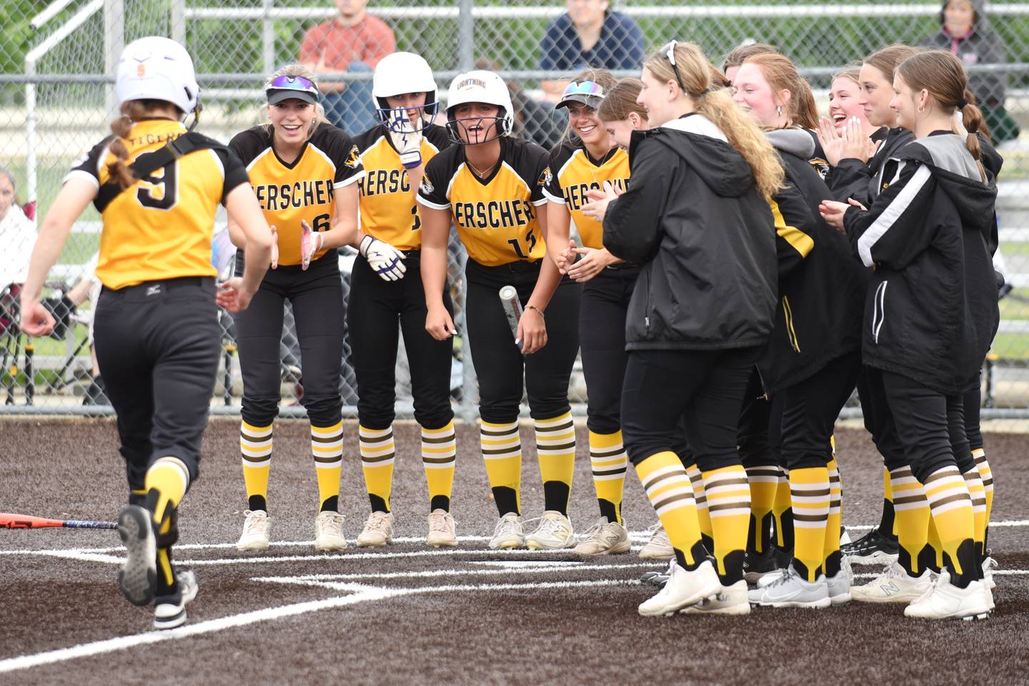 Members of the Herscher softball team greet Keira Ahramovich, left, at home plate following her go-ahead home run during a Class 2A Manteno Regional quarterfinal against Peotone at Herscher Monday, May 18, 2026.
