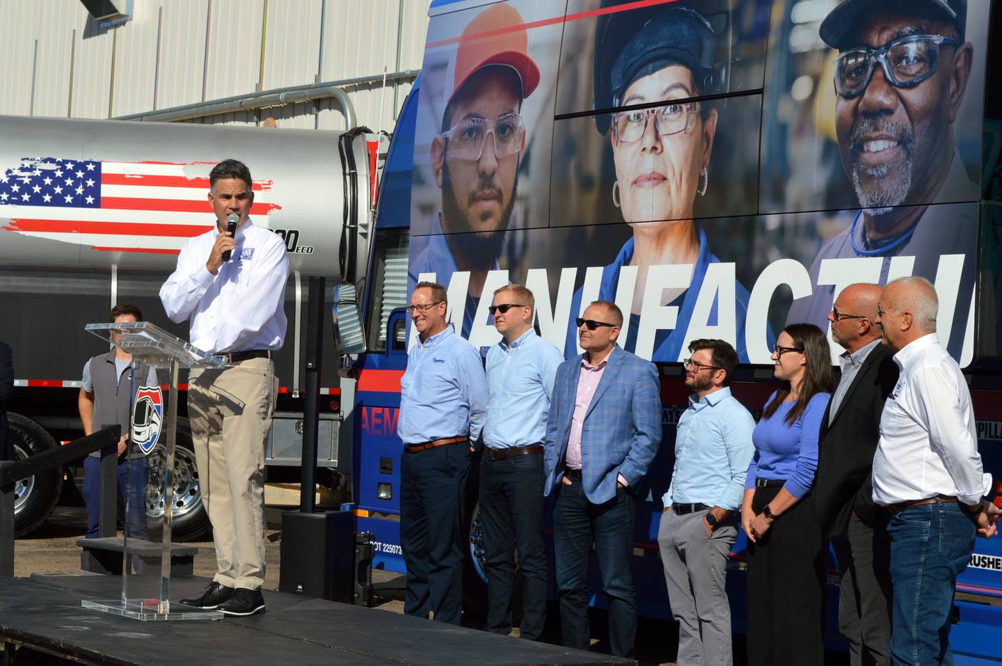 Sewer Equipment owner Dan O'Brien speaks to employees during a visit from the Association of Equipment Manufacturers' Manufacturing Express tour on Tuesday, Oct. 1, 2024. Sewer Equipment is located in Dixon.