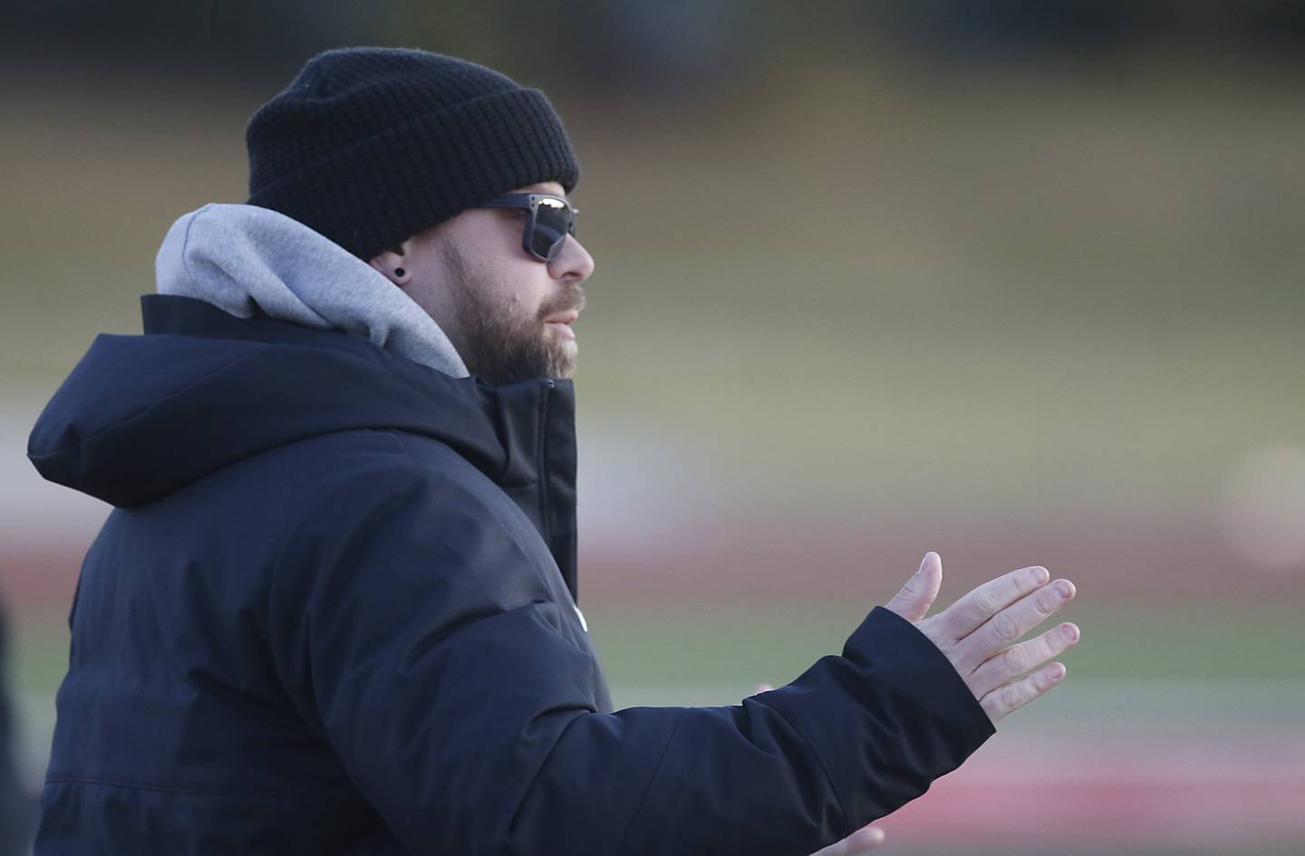 Huntley Head Coach Matthew Lewandowski yells at his players during a Fox Valley Conference  soccer match against Crystal Lake Central on Tuesday, April 15, 2025, at Huntley High School.