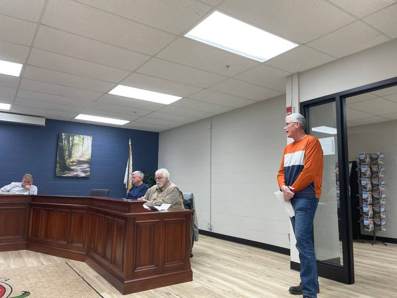 Chris Duffy (standing) explains to members of the Utica Planning Commission on Thursday, March 23, 2023, his plans to bring the Bean Box to Utica. The freestanding coffee parlor, which has locations in La Salle and Spring Valley, would have another location across from the Utica police station.