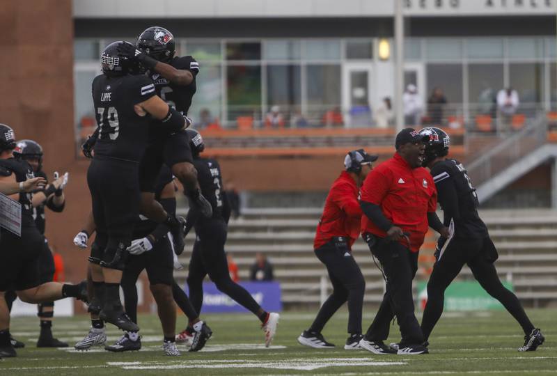 Northern Illinois celebrates BGSU missing a field goal in a college football game at Doyt Perry Stadium on Saturday, Oct. 12, 2024, in Bowling Green.