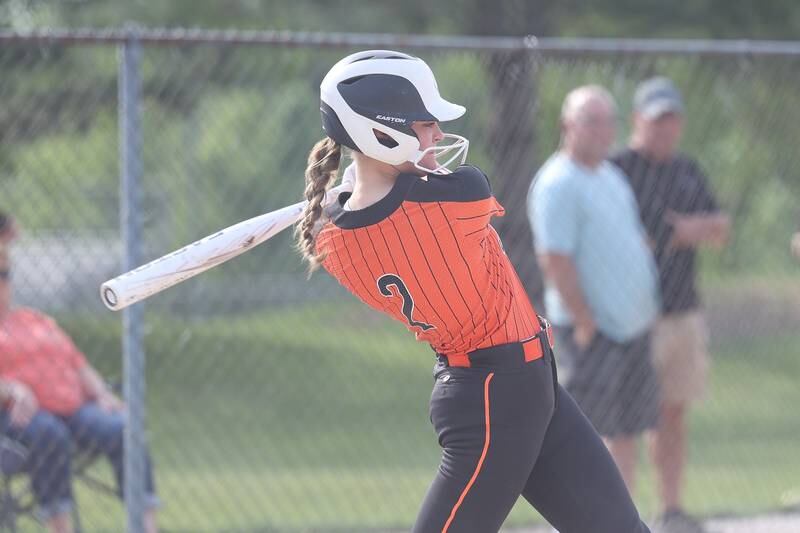 Minooka’s Mayson Carr drives in a run against Normal in the Class 4A sectional semifinal on Tuesday, May 21, 2024 in Minooka.