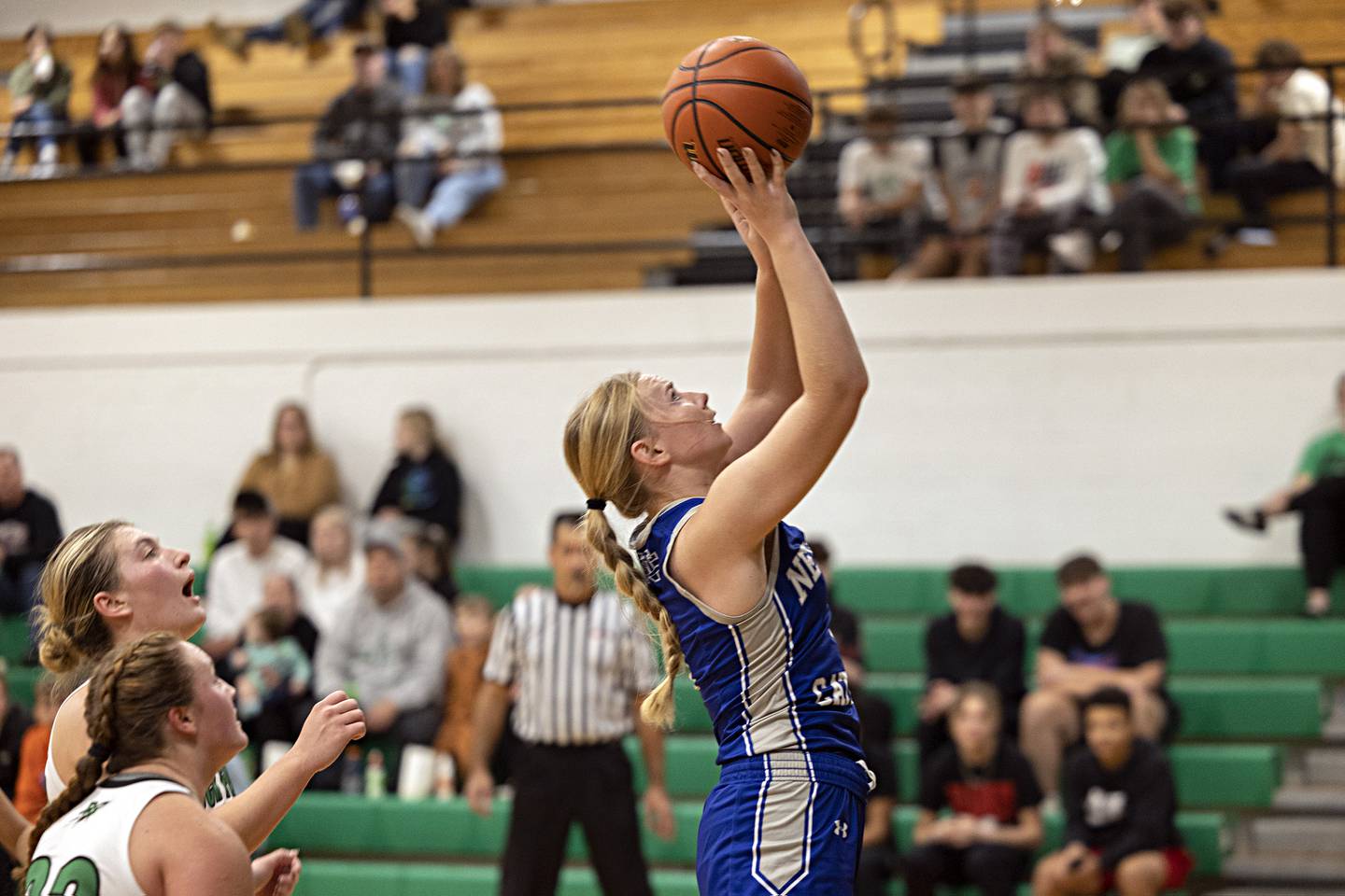 Newman’s Jess Johns puts a shot up against Rock Falls Thursday, Nov. 16, 2023.