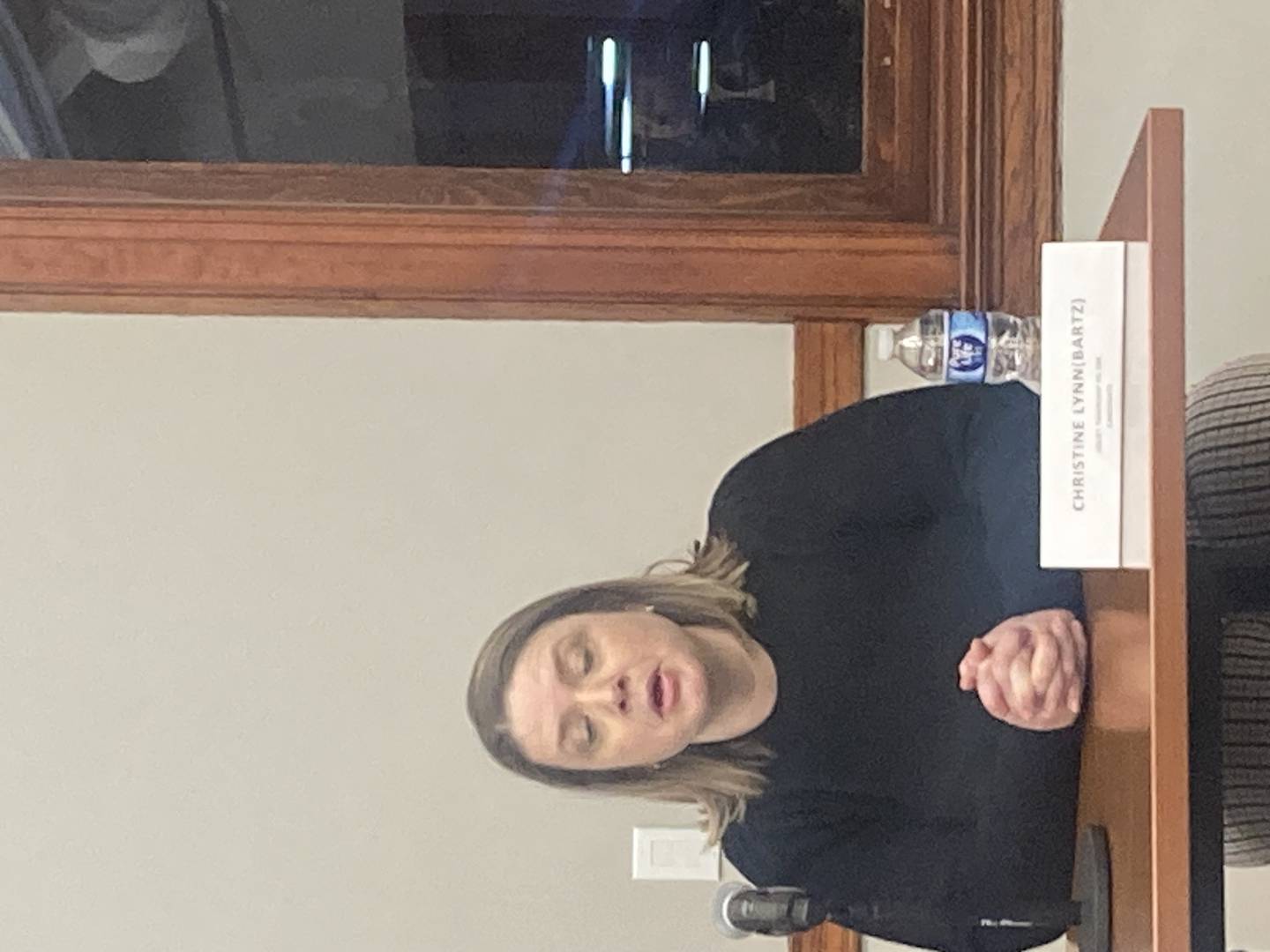Christine Lynn speaking at the Joliet Public Schools candidate forum at the Joliet Public Library on Wednesday, Feb. 26, 2025.