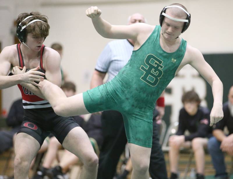 St. Bede's Wily Sramek wrestles Orion's Talan Rodney during a triangular meet on Wednesday, Jan. 18, 2023 at St. Bede Academy.