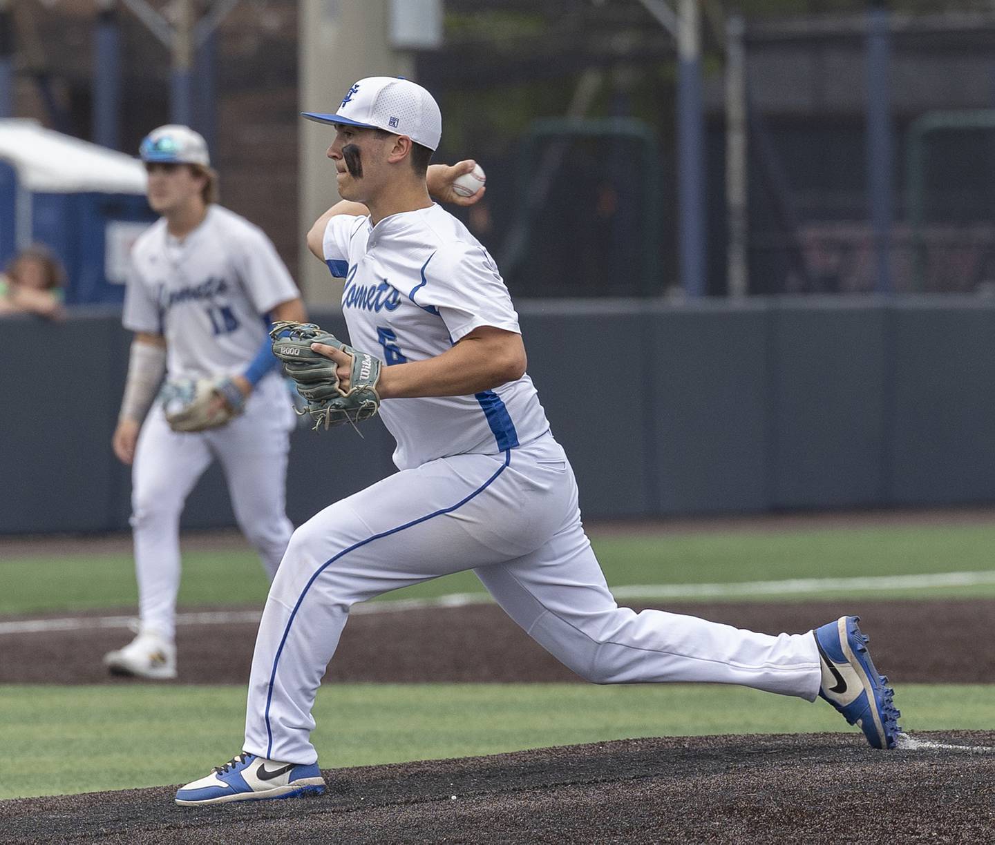 Newman’s Evan Bushman starts the game against Eureka Saturday, June 7, 2025, during the Class 2A state baseball third place game at Illinois Field in Champaign.