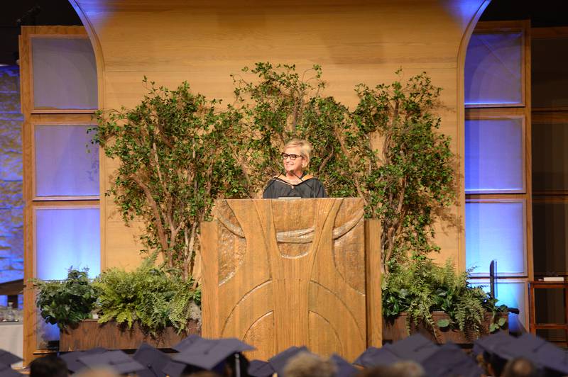 Nazareth Academy President Deborah Tracy provides an introduction to the graduation ceremony on Sunday, May 18, 2025 at Christ Church of Oak Brook.