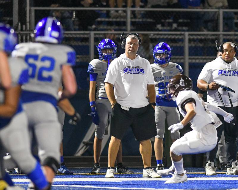 St. Francis head coach Bob McMillen looks on during the second quarter while taking on Joliet Catholic Academy held on Friday Sep. 22, 2023, at St. Francis in Wheaton.