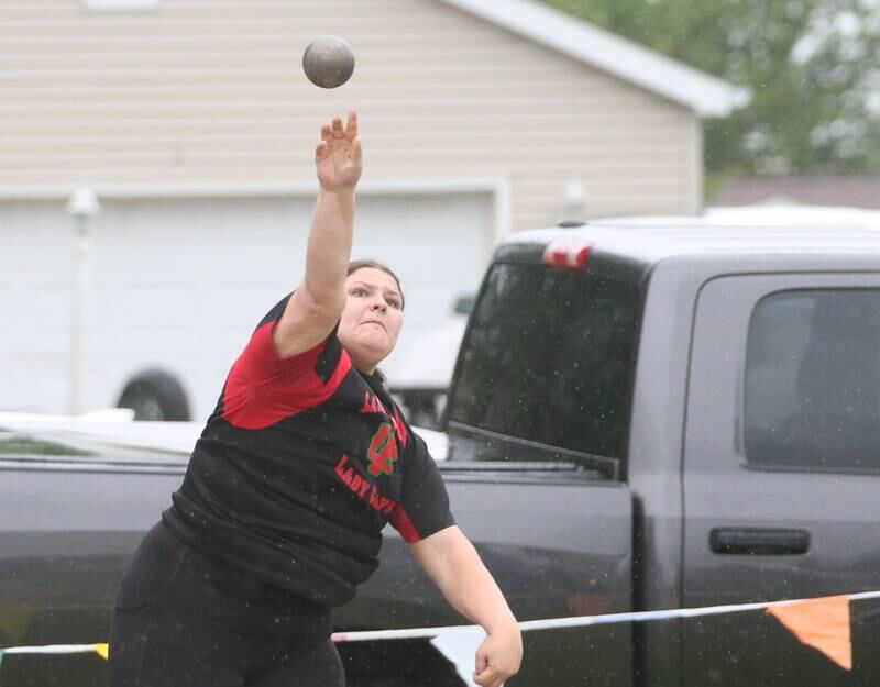 L-P's Cassidy Cromwell throws shot put during the Class 2A girls track and field Sectional on Thursday, May 9, 2024 in Princeton.