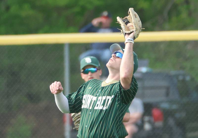 St. Bede's Gus Burr catches a pop fly on Tuesday, April 28, 2026 at Masinelli Field in Ottawa.