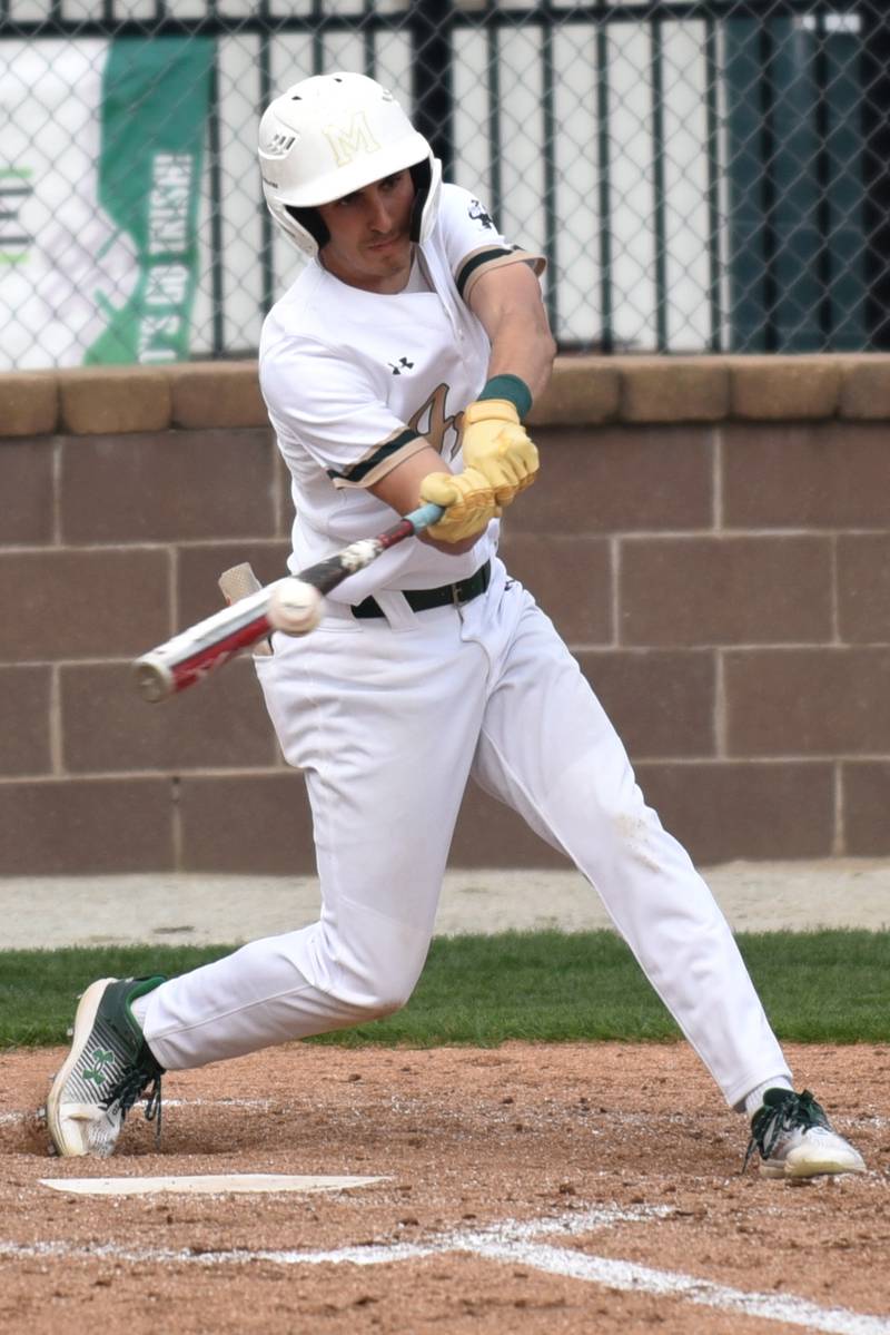 Bishop McNamara's Preston Payne hits a pitch during a home game against Marian Central Friday, April 17, 2026.