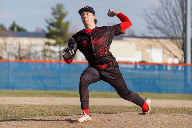 Benet’s Jake Rifenburg (37) delivers a pitch against Oswego during a baseball game at Oswego High School on Tuesday, March 25, 2025.