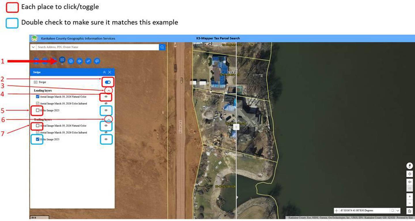 Aerial photography from March 19, 2026, shows the tornado's path across Kankakee County from U.S. Route 45/52 to Illinois Route 1. The images are available to the public at k3gis.com.