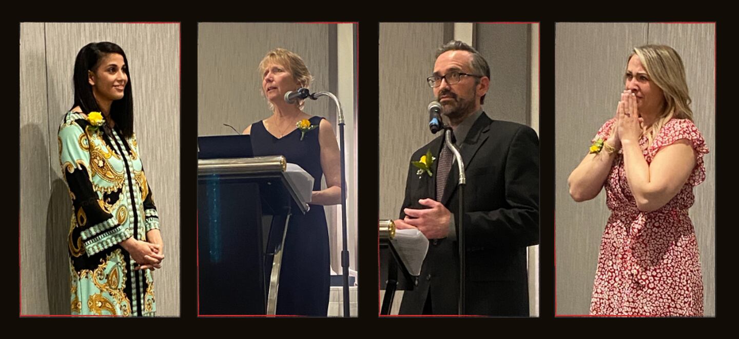 Six teachers, administrators and support staff were recognized at the inaugural McHenry County Educator of the Year Awards on Saturday May 7, 2022, at the Holiday Inn Crystal Lake. They include, left to right, Mariel Herzog, an English and history teacher at Evergreen Academy in Union; Jill Kuhns, a physical education teacher at Husmann Elementary School in Crystal Lake; Prairie Ridge High School guidance counselor Daren Dusenske and Leggee Elementary School special education teacher Kelley Di Raimondo. Not pictured are Woodstock School District Superintendent Michael Moan and Assistant Superintendent Justin Smith.