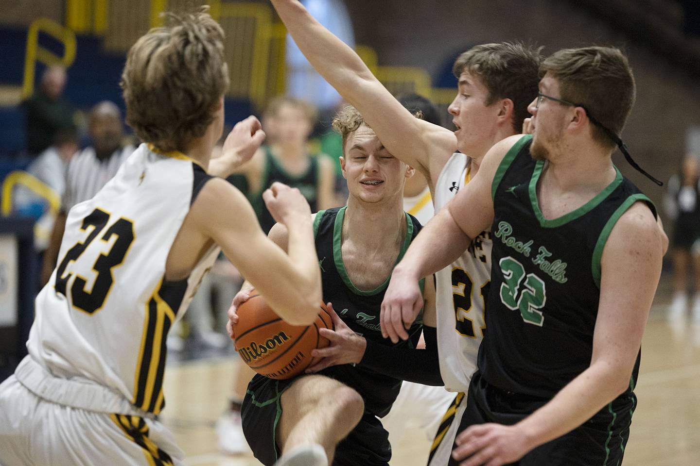 Rock Falls’ Gavin Sands works in the lane agains Hinsdale South Monday, Jan. 10, 2023 at Sterling High School’s MLK Classic basketball tournament.