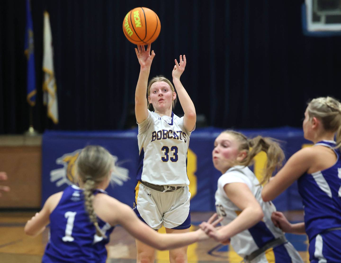 Somonauk/Leland’s Abby Hohmann shoots a three over Hinckley-Big Rock's Payton Murphy during their game Thursday, Jan. 15, 2026, at Somonauk High School.