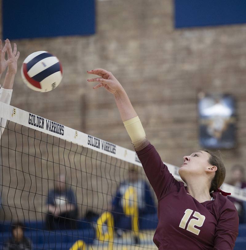Morris’ Lily Hansen plays the ball against Sterling Thursday, Oct. 30, 2025, in the Class 3A volleyball regional.