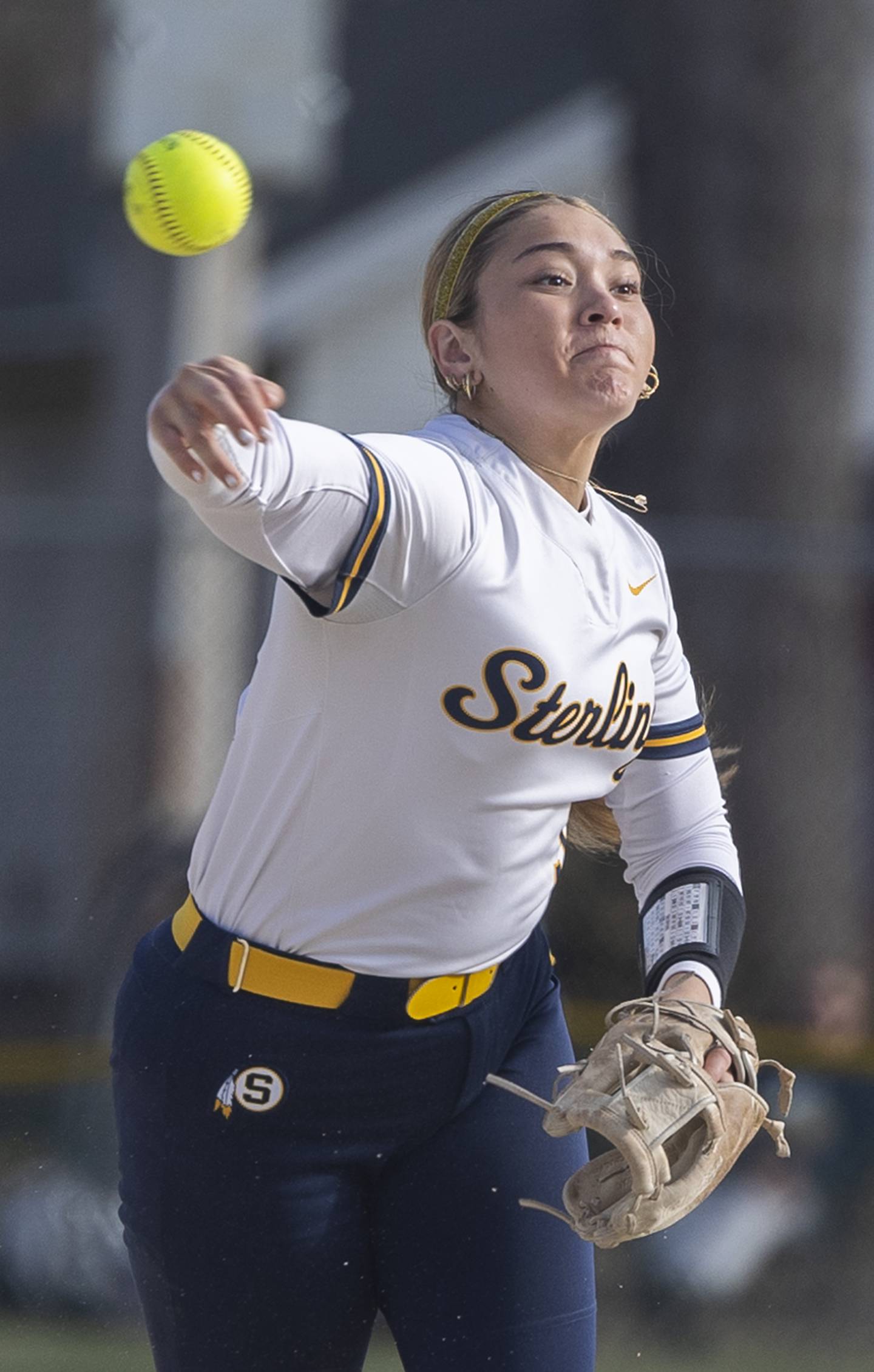 Sterling’s Mya Lira fires a throw to first for an out against Dixon Tuesday, March 24, 2026.