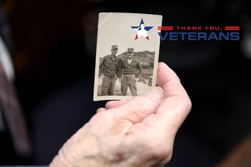 Army veteran Robert Gorecki (on right) in a photo from his days in the Korean War and a visit from a cousin also serving. Gorecki, who still works as an attorney in St. Charles, is a longtime member of the St. Charles VFW Post 5036 and the American Legion.