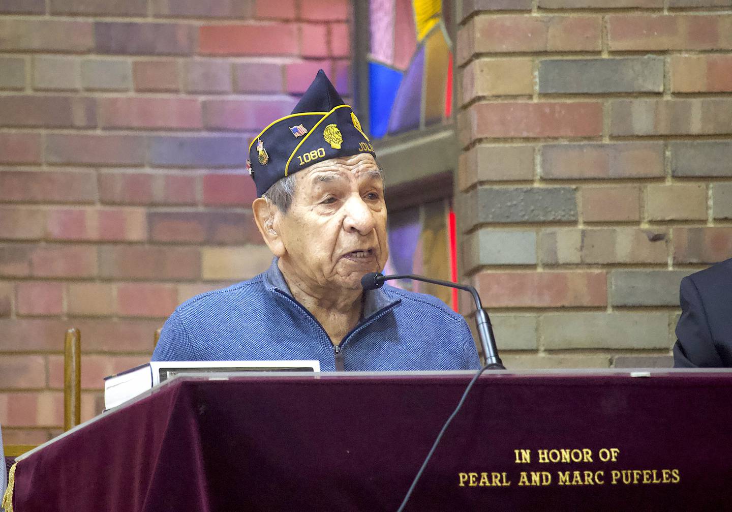 Joe Belman, a World War II veteran, speaking on Saturday, May 24, 2025, at the Joliet Jewish Congregation in Joliet.