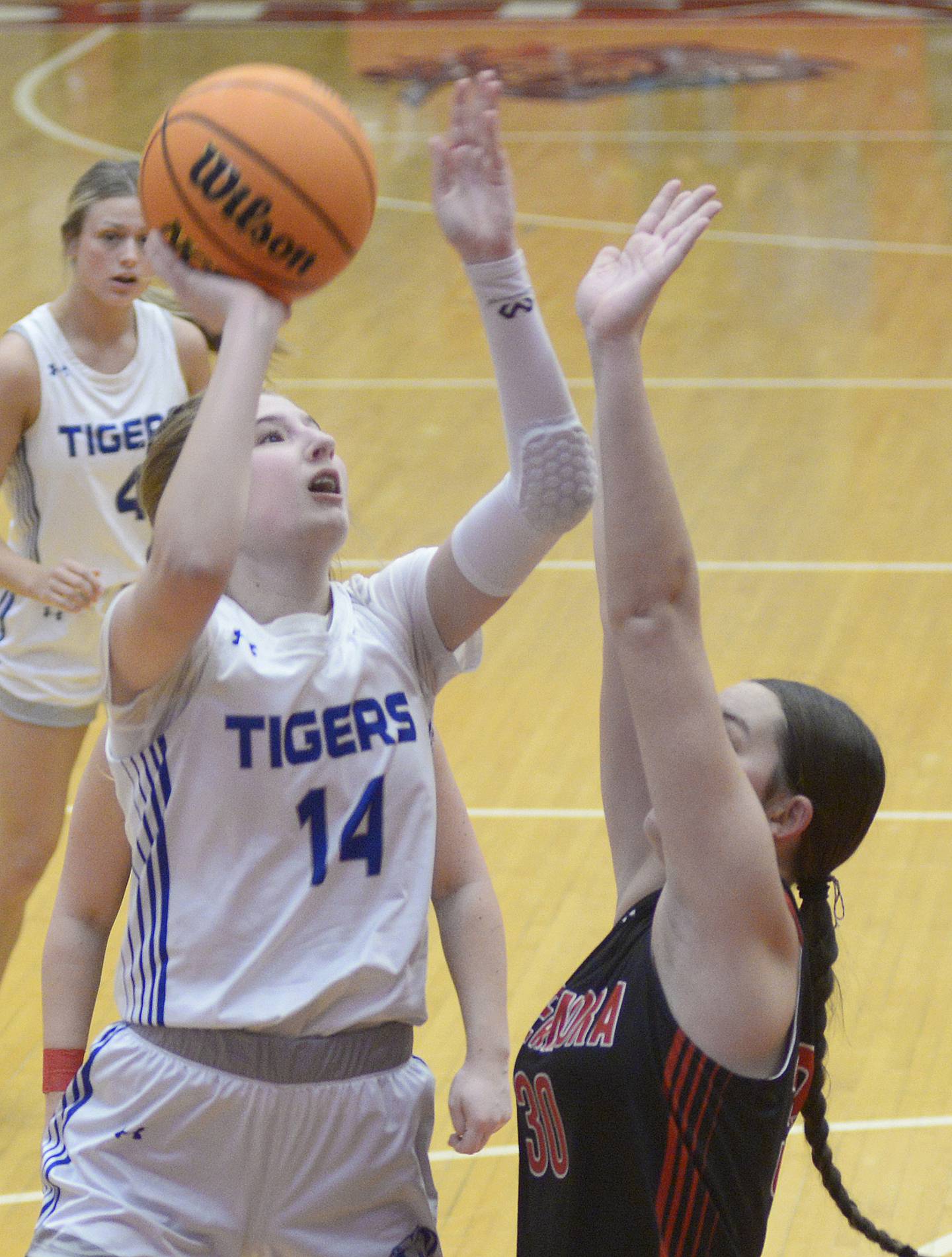 Princeton’s Payton Brandt shoots over the block attempt by Kessa Sell in the 1st period Tuesday at the Ottawa Holiday Tournament.