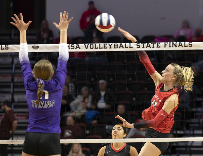 Timothy Christian's Abby VanderWal hammers the ball against El Paso-Gridley Saturday, Nov. 16, 2024, in the Class 2A third place state volleyball match at CEFCU Arena in Normal.