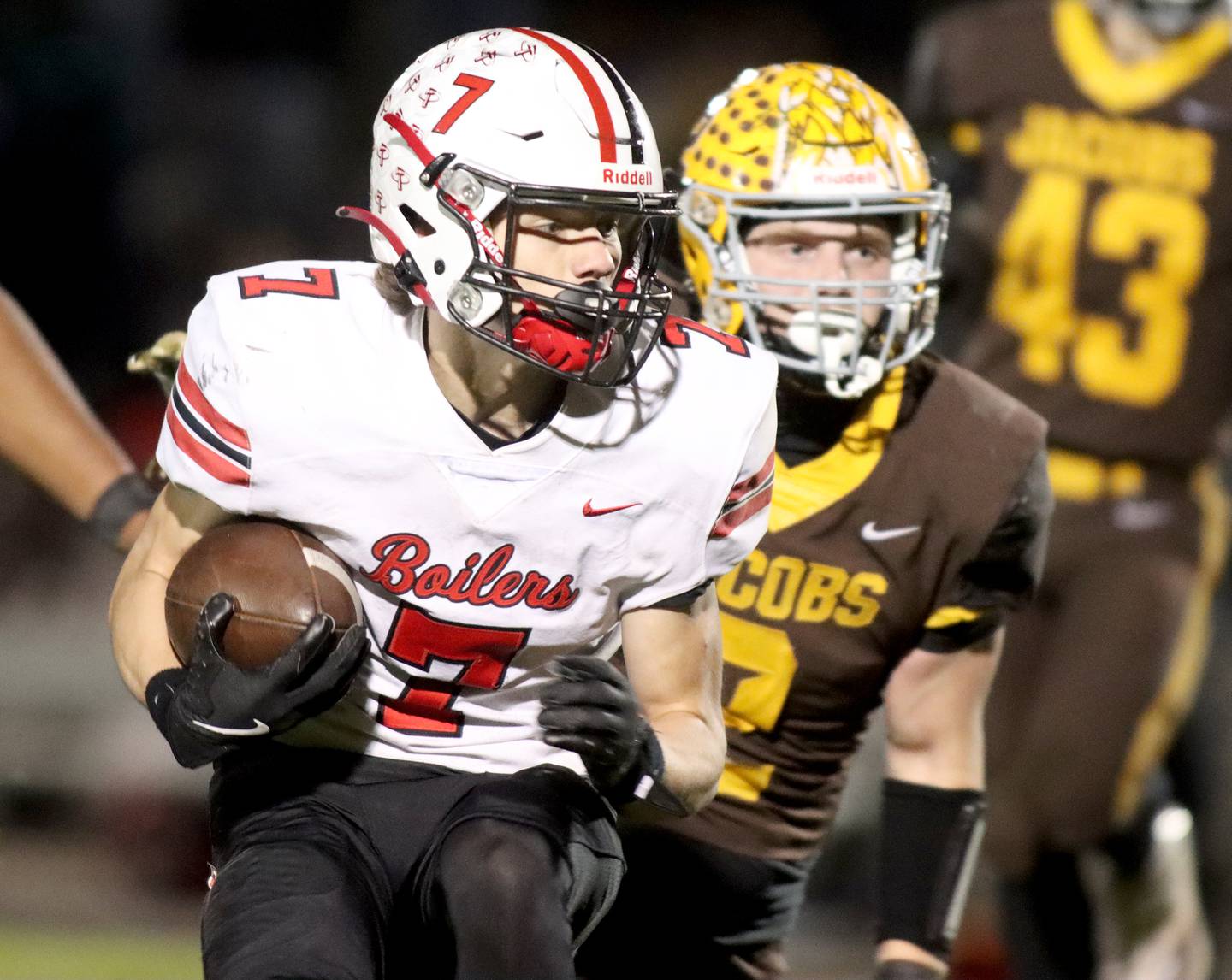 Bradley-Bourbonnais’ Isaac Allison looks for running room  in first-round IHSA football playoff action on Friday, Nov. 1, 2024, at  Jacobs High School  in Algonquin.