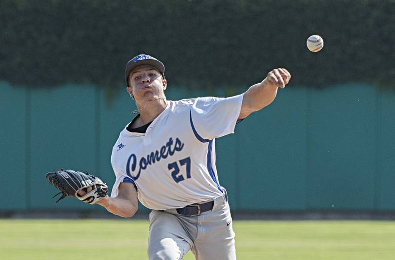 Newman’s Brendan Tunink fires a pitch against Goreville Saturday, June 3, 2023 during the IHSA class 1A third place baseball game.