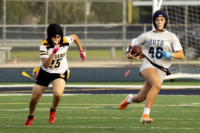 Plainfield South’s Sofia Reynoso runs downfield during a home game against Joliet West on Aug. 27, 2025.