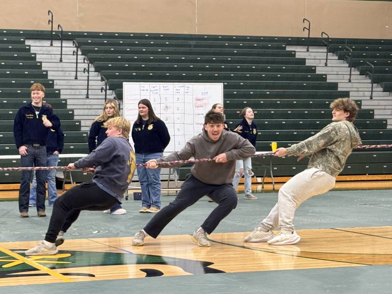 Coal City students struggle with the tug of war event during the FFA Week kickoff on Monday, Feb. 23, 2026.