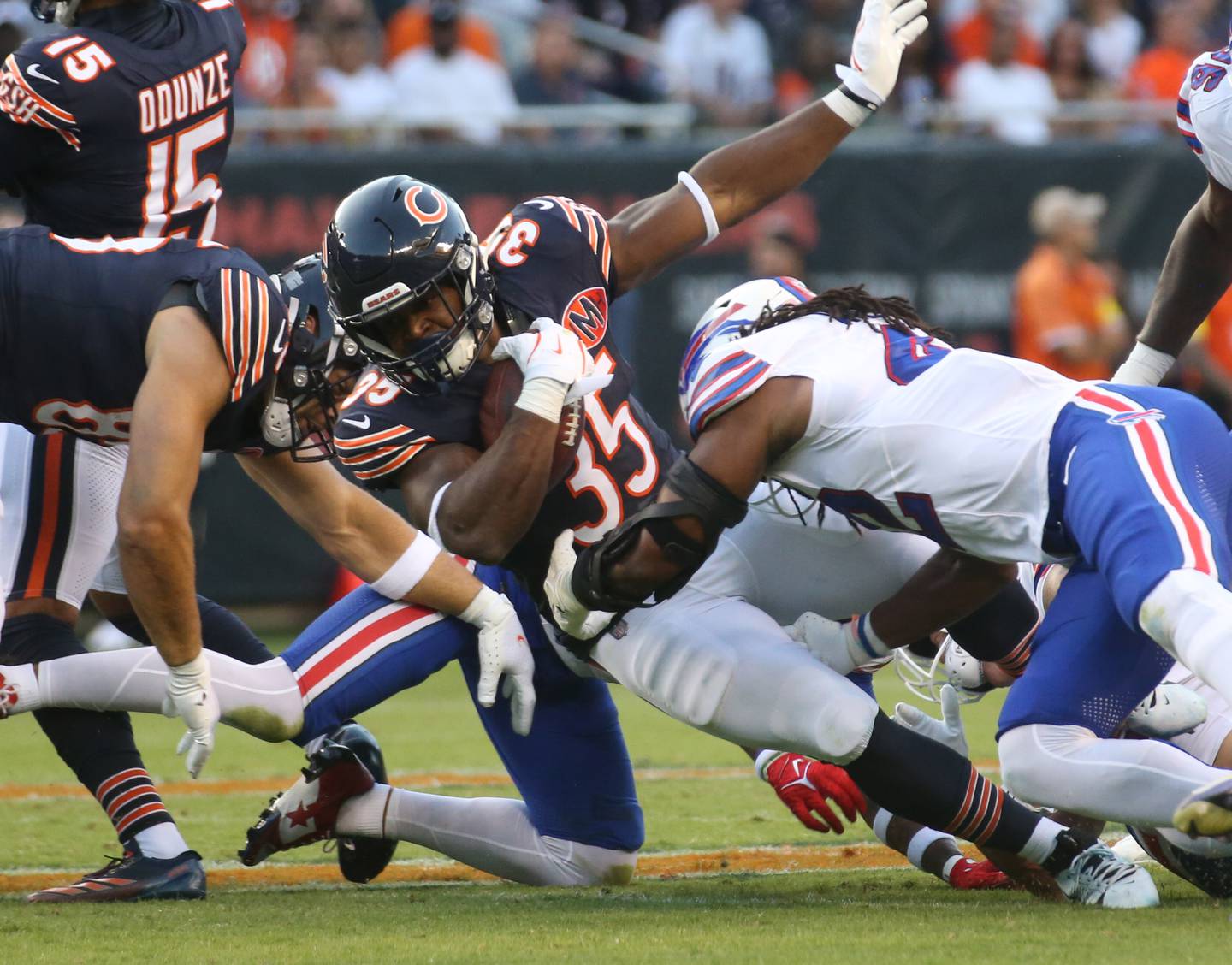 Chicago Bears running back Deion Hankins, carries the ball against the Buffalo Bills on Sunday, Aug. 17, 2025 at Soldier Field in Chicago.